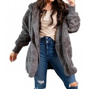NEW HEM & THREAD plushy faux fur hoodie jacket in ash grey